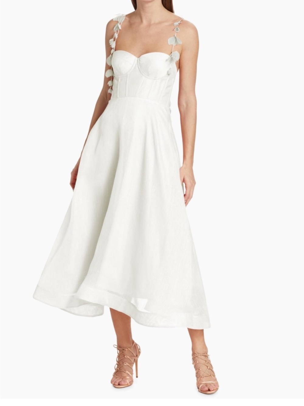 Zimmermann White Bustier Midi Dress with Floral Strap Accents